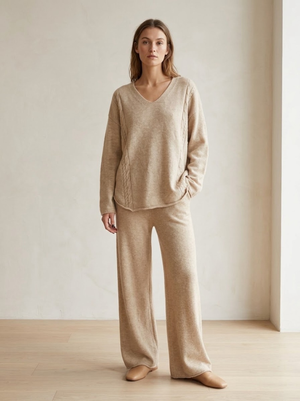 Cashmere and Wool V-Neck Knit Lounge Set in Beige